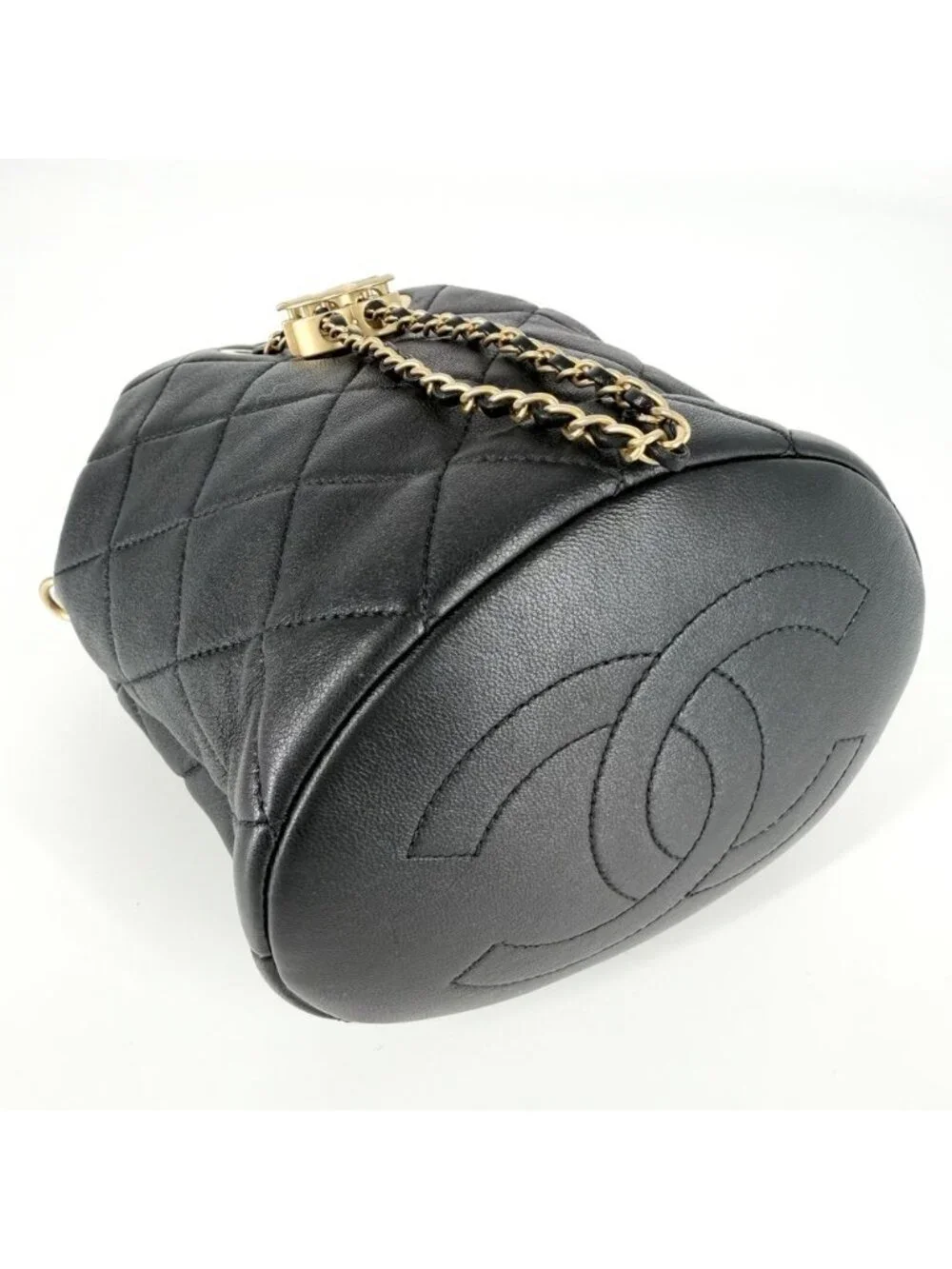 Chanel CC Logo Quilted Bucket Bag Pearl Handle Lambskin Black Gold